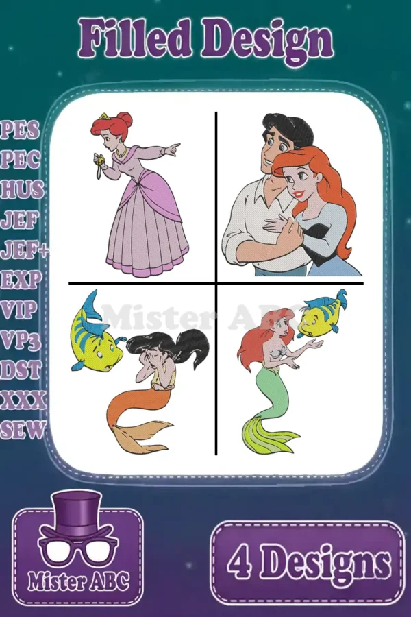 Four filled embroidery designs featuring Ariel as a human princess, with Prince Eric, and as a mermaid with Flounder.