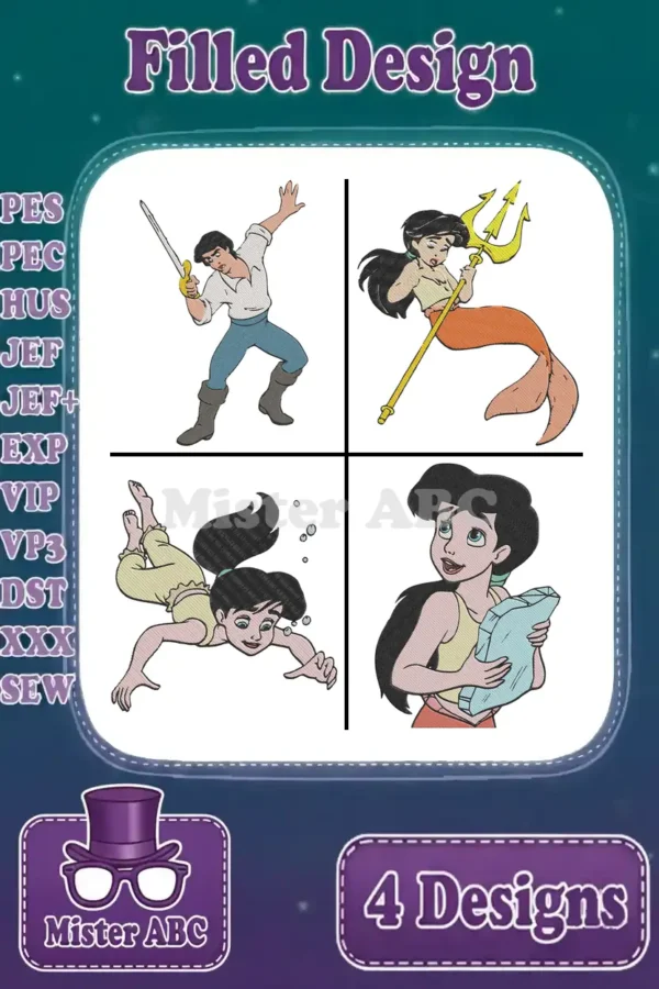 A collage of four vibrant filled embroidery designs: Prince Eric, Vanessa, Melody swimming, and Melody with a book, on a dark blue background.