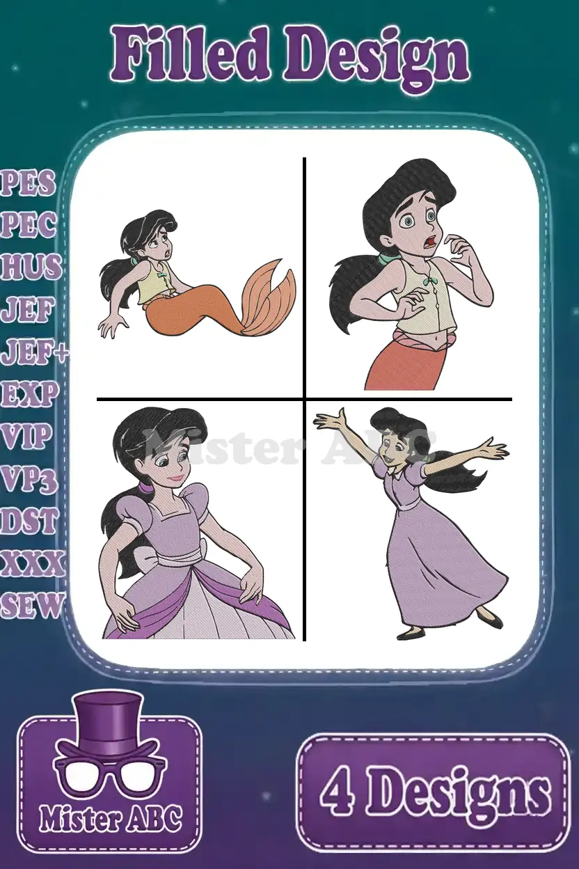 Four vibrant filled embroidery designs of Melody from The Little Mermaid 2, showcasing her as a mermaid and in various human forms.