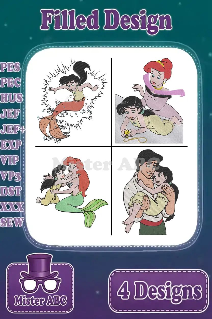 Four delightful embroidery designs featuring Melody from The Little Mermaid, showcasing her with Ariel and Eric in various heartwarming scenes.