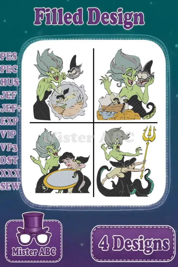 Four vibrant filled embroidery designs featuring Ursula and Ariel from Disney's The Little Mermaid, ready for crafting.