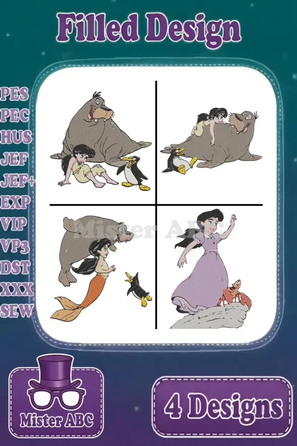 Four vibrant filled embroidery designs featuring Ariel, a walrus, penguins, and Sebastian for aquatic adventures.