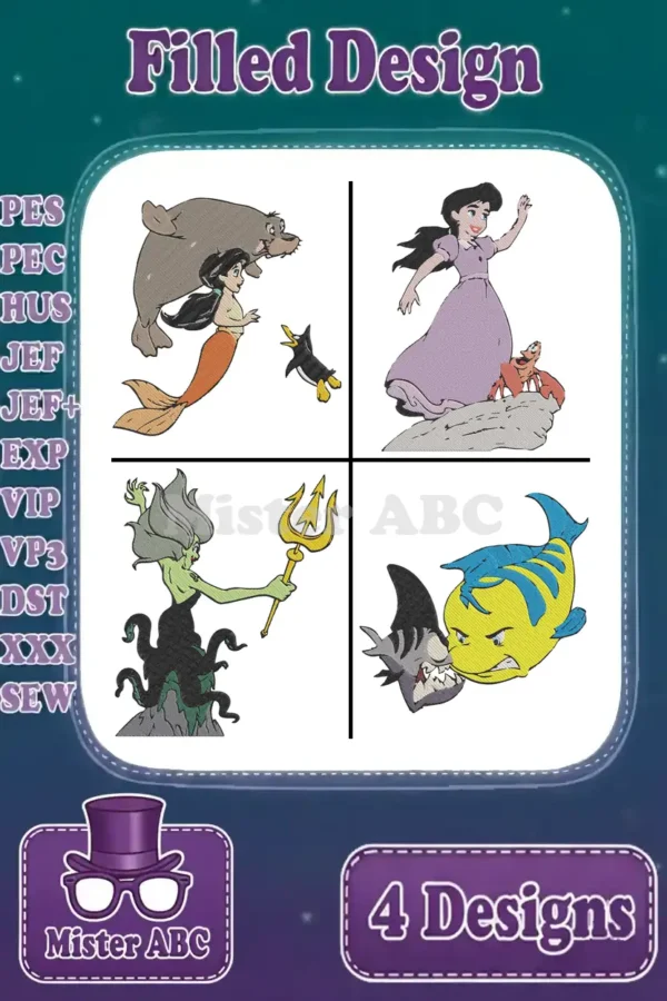 A vibrant collection of four Little Mermaid character embroidery designs, perfect for fans of aquatic adventures.