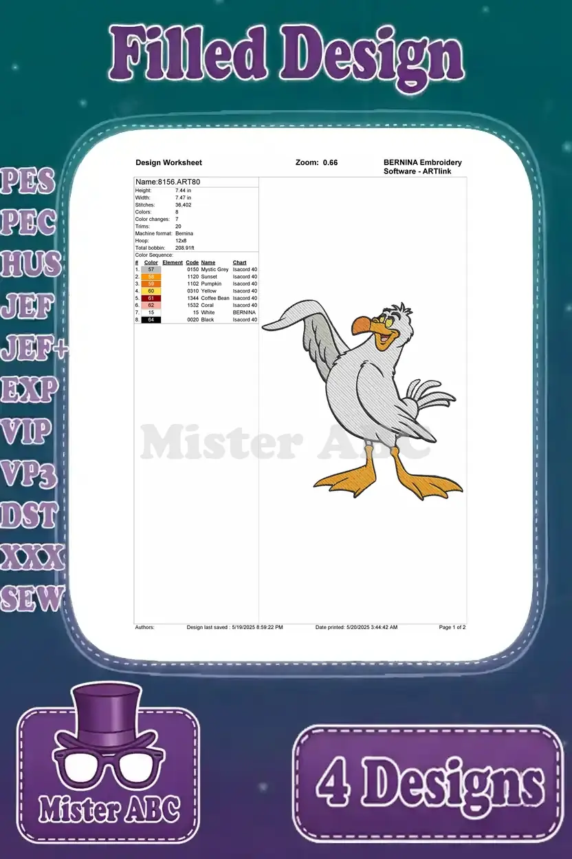 Detailed embroidery worksheet for the standing Scuttle design, outlining stitch count, colors, and hoop specifications.