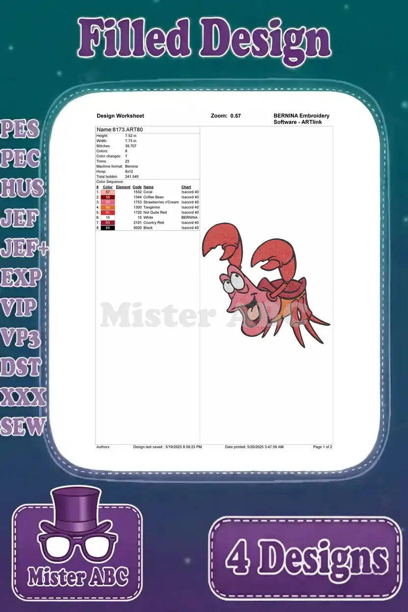Detailed design worksheet for a Sebastian embroidery pattern, showing stitch count, colors, and thread sequence.
