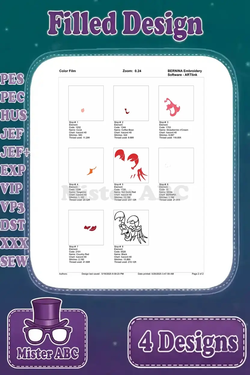 Color film breakdown for a Sebastian embroidery design, showing individual stitch layers and color application.
