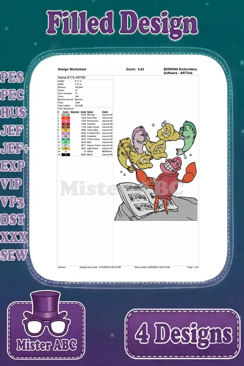 Design worksheet for Sebastian singing with fish, outlining stitch details, color sequence, and dimensions.