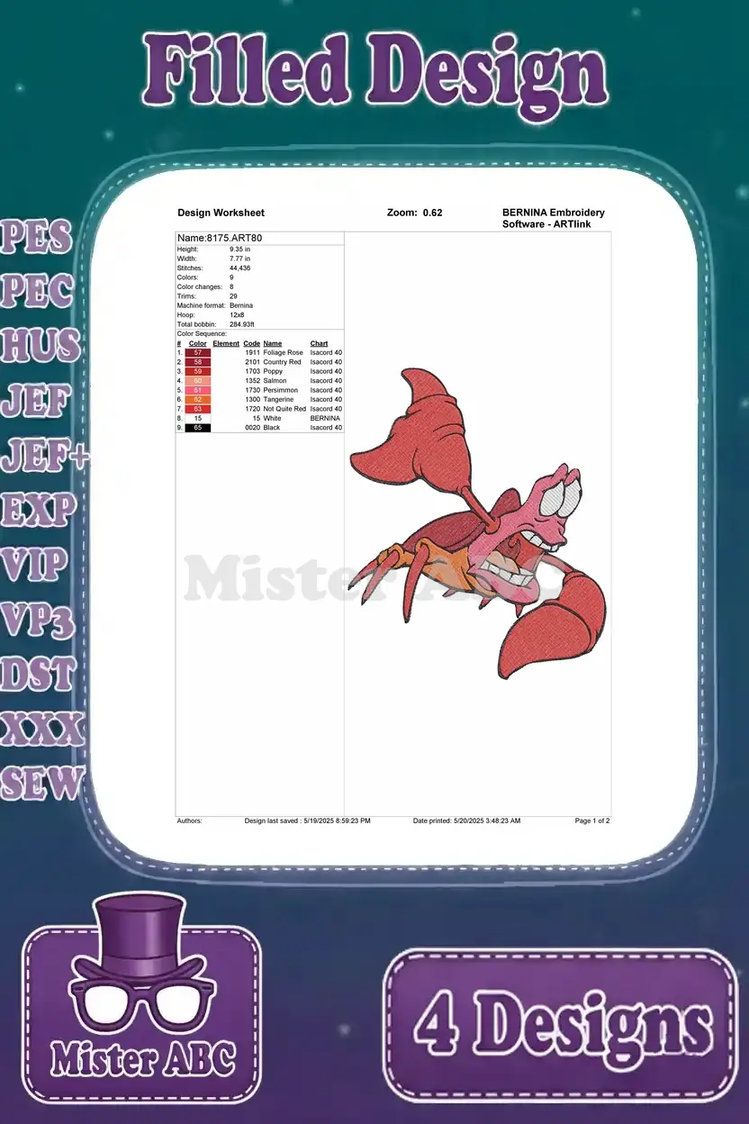 Design worksheet for a dynamic Sebastian embroidery design, detailing stitch count, colors, and thread sequence.