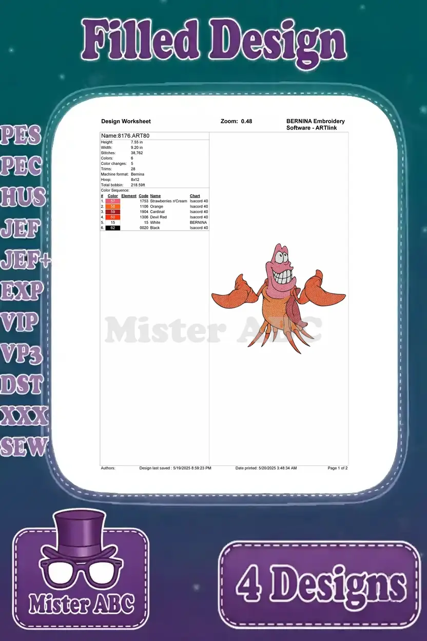 Design worksheet for a cheerful Sebastian embroidery design, outlining stitch details, colors, and dimensions.