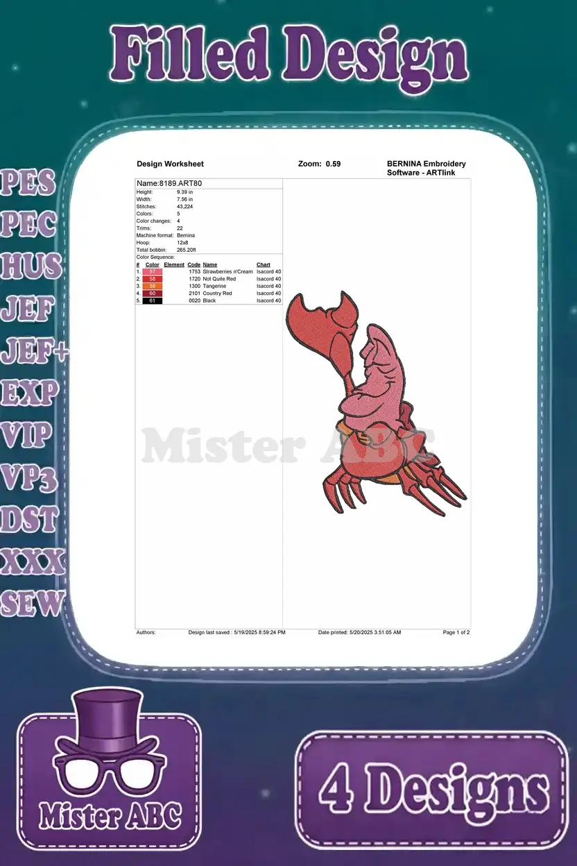 Detailed embroidery design worksheet for one Sebastian the Crab pose, showing stitch count, colors, and design specifics.