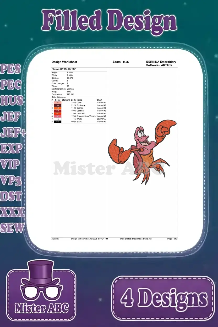 Detailed embroidery design worksheet for Sebastian the Crab in an active pose, outlining stitch types and colors.