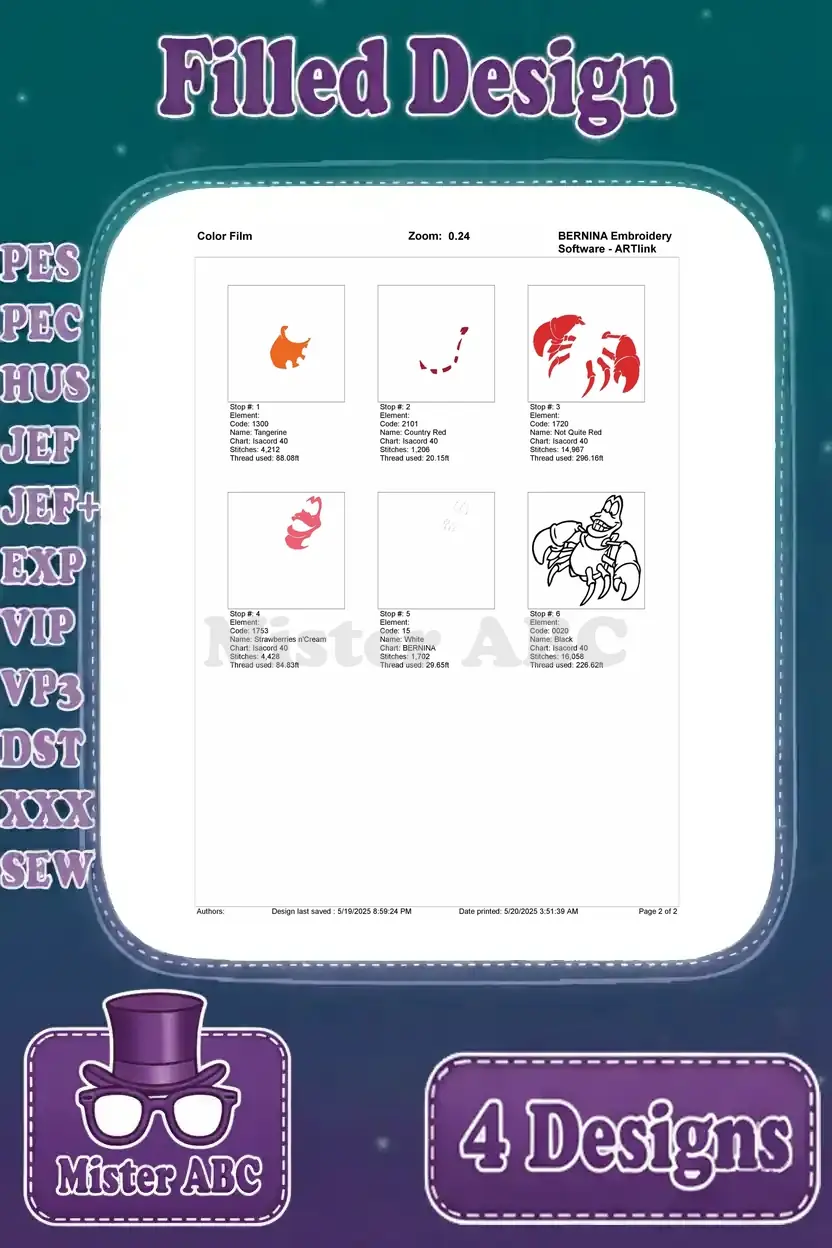 Color film for Sebastian the Crab embroidery design 4, showing the precise order of thread colors for stitching.