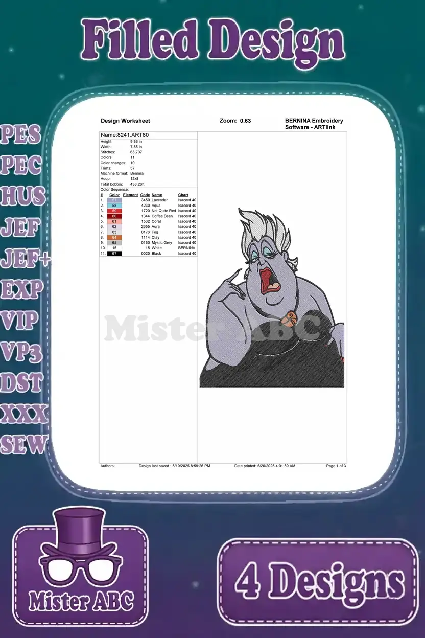 Detailed design worksheet for the first Ursula filled embroidery design, showing stitch count, color sequence, and thread details.