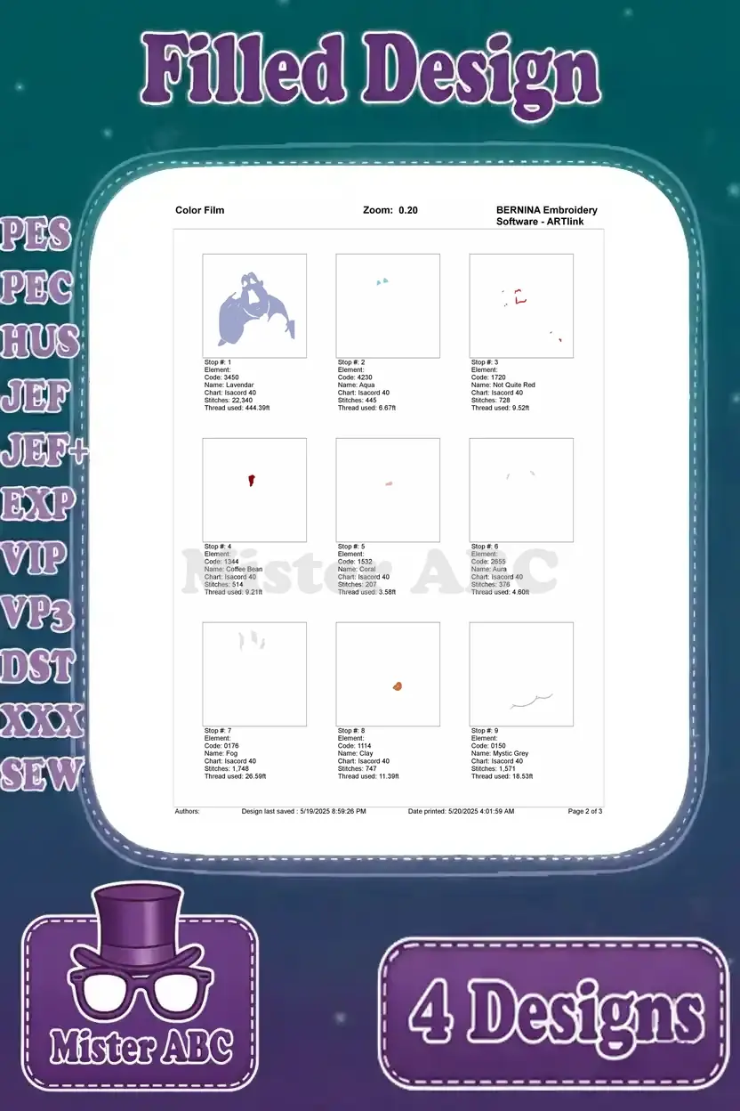 Second page of the color film for Ursula design 1, illustrating stitch order and thread application for complex sections.