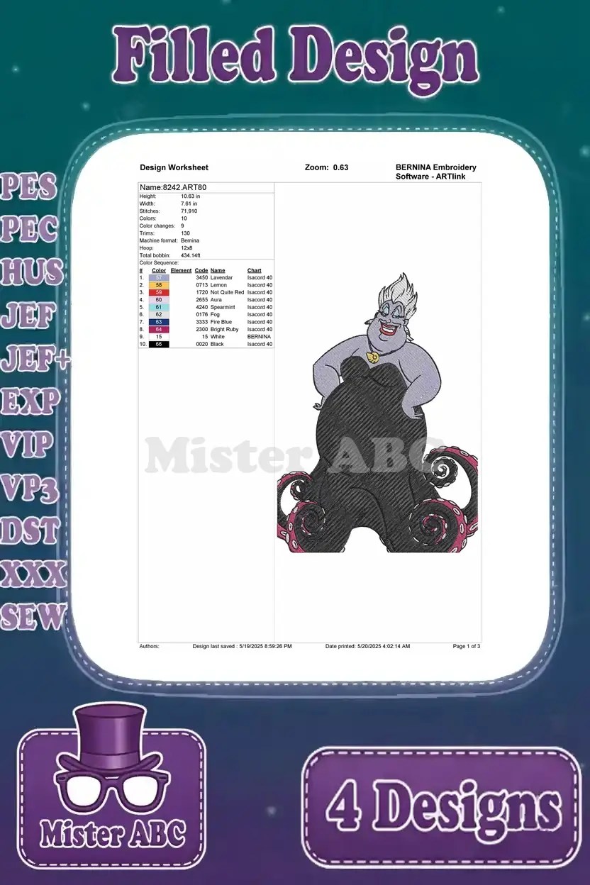 Detailed design worksheet for the second Ursula filled embroidery design, outlining stitch count, color sequence, and thread specifics.