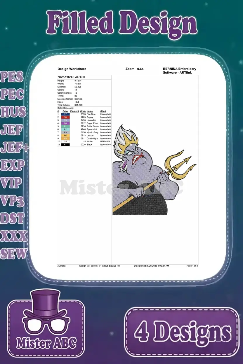 Detailed design worksheet for the third Ursula filled embroidery design, providing stitch count, color sequence, and thread data.