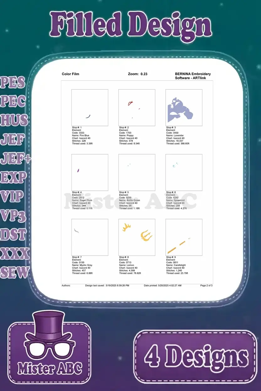 Second page of the color film for Ursula design 3, illustrating the stitch order and thread application for the trident.
