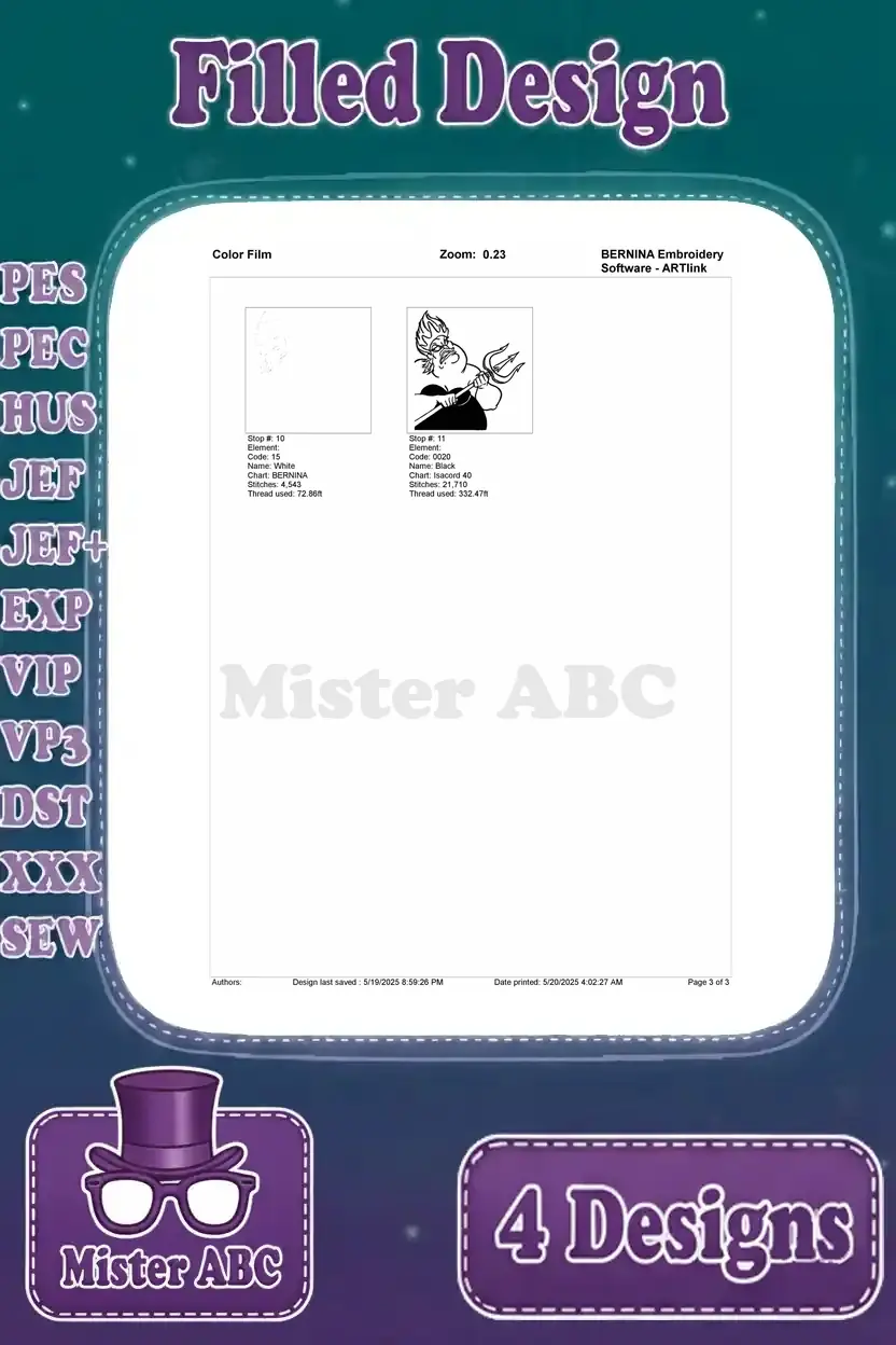 Third page of the color film for Ursula design 3, completing the visual guide for the final embroidery elements.