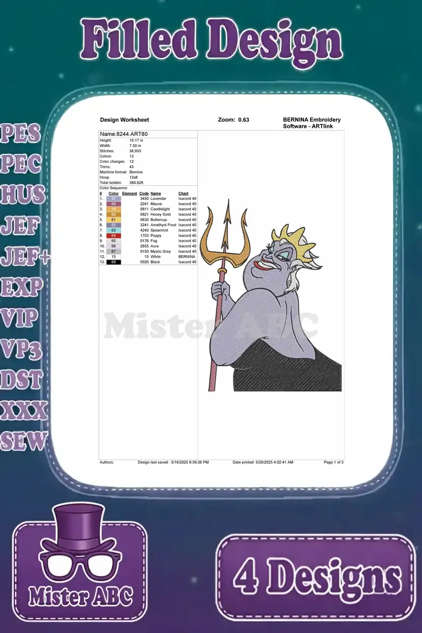 Detailed design worksheet for the fourth Ursula filled embroidery design, showing stitch count, color sequence, and thread types.
