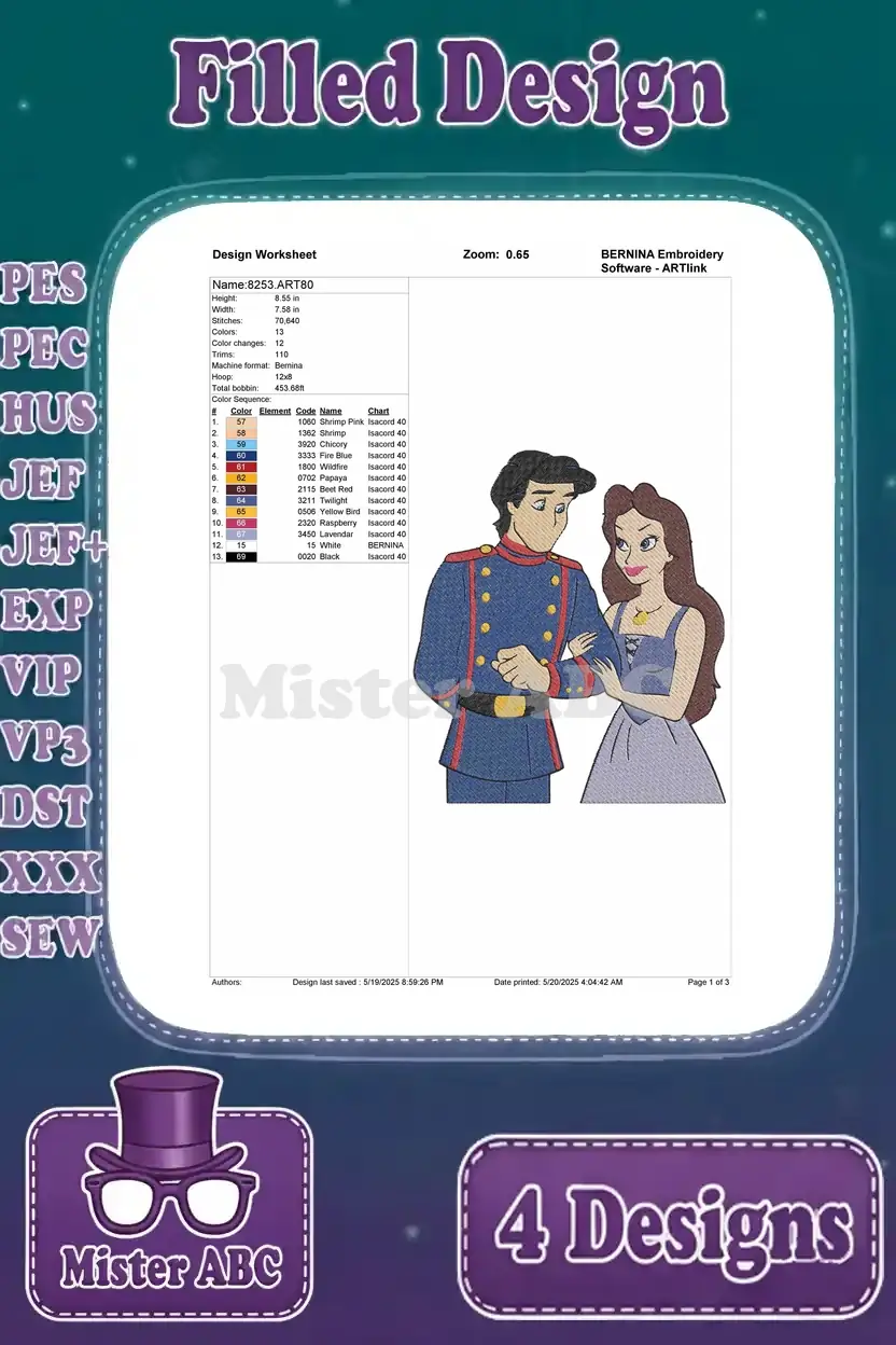 Embroidery design worksheet for Ariel and Prince Eric embracing, detailing stitch count, colors, and thread types.