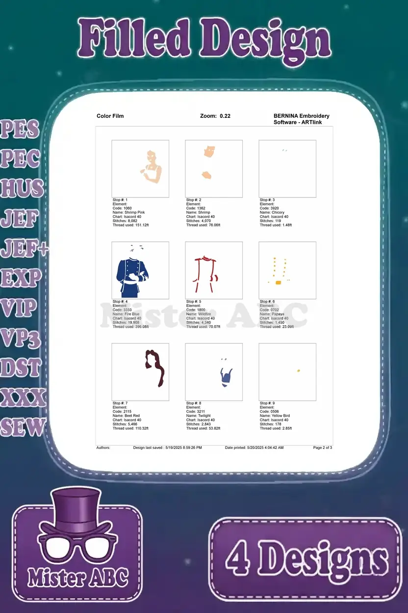 Color film chart for the Ariel and Prince Eric embracing design, showing the first set of color stops and stitch progression.