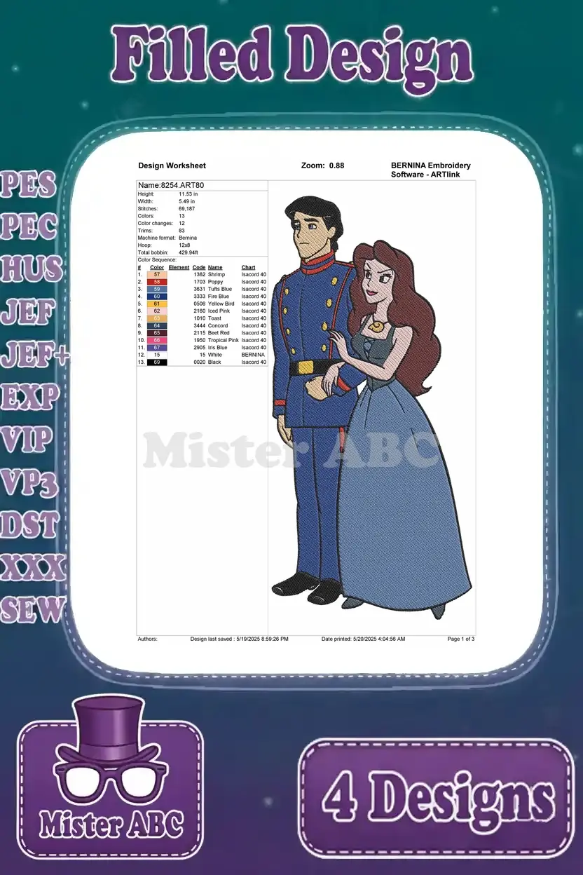 Embroidery design worksheet for standing Ariel and Prince Eric, detailing stitch count, colors, and thread types.