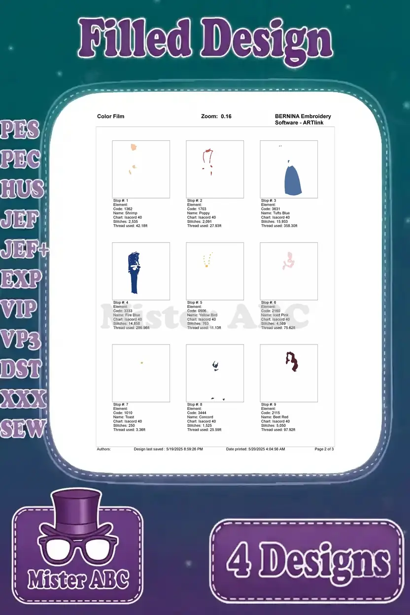 Color film chart for the standing Ariel and Prince Eric design, showing the first set of color stops and stitch progression.