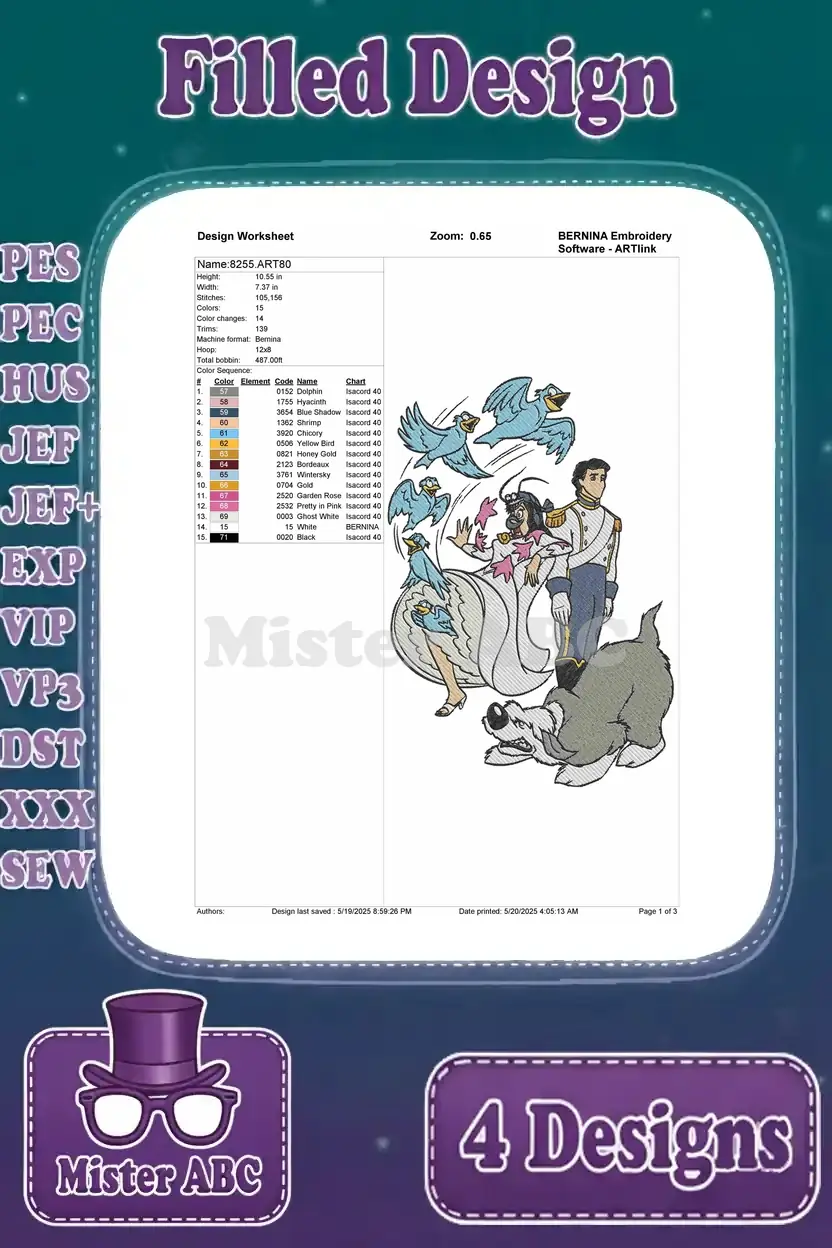 Embroidery design worksheet for Ariel, Prince Eric, birds, and dog, detailing stitch count, colors, and thread types.