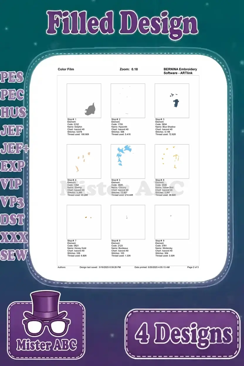 Color film chart for the Ariel, Prince Eric, birds, and dog design, showing the first set of color stops and stitch progression.