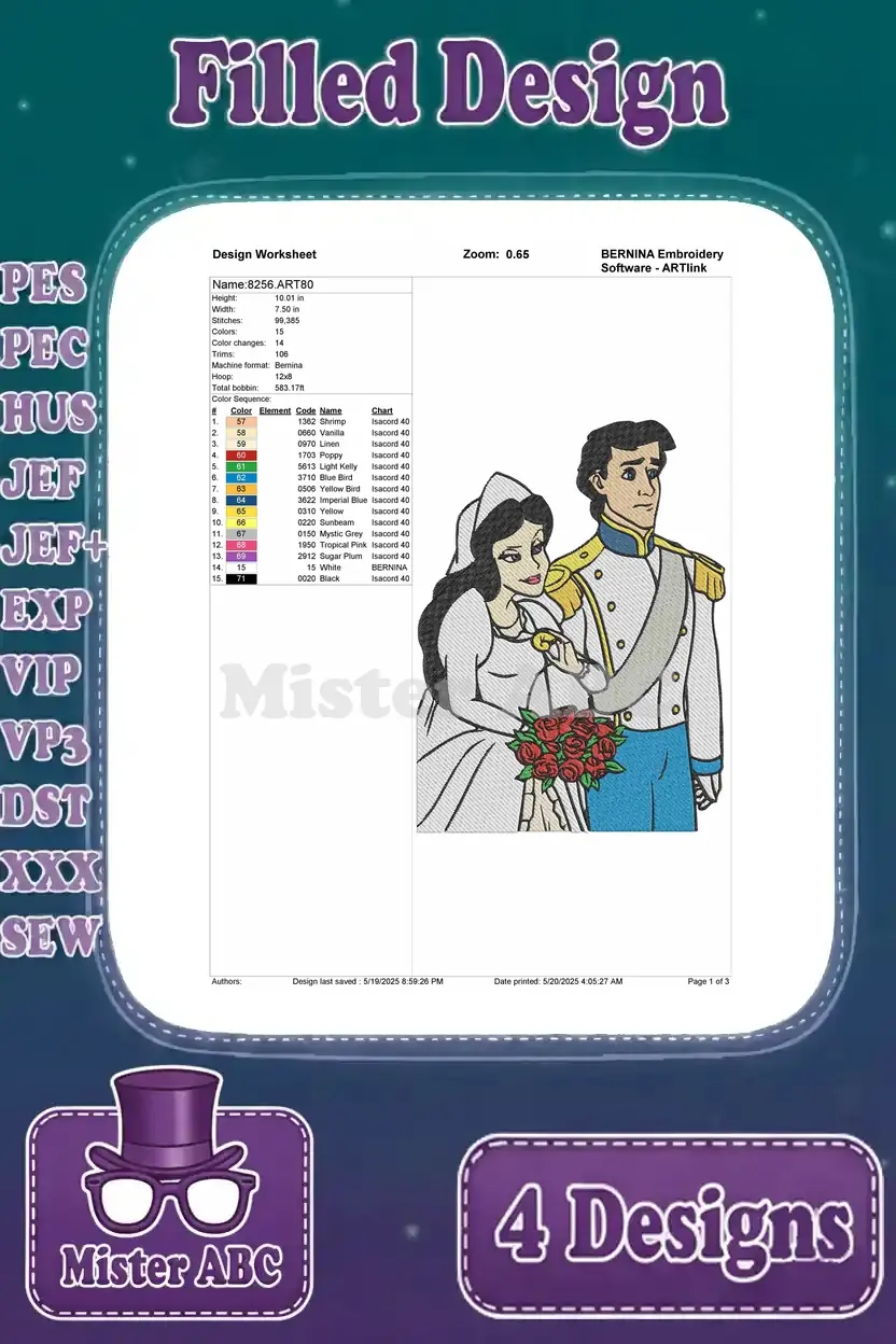 Embroidery design worksheet for Ariel and Prince Eric wedding, detailing stitch count, colors, and thread types.