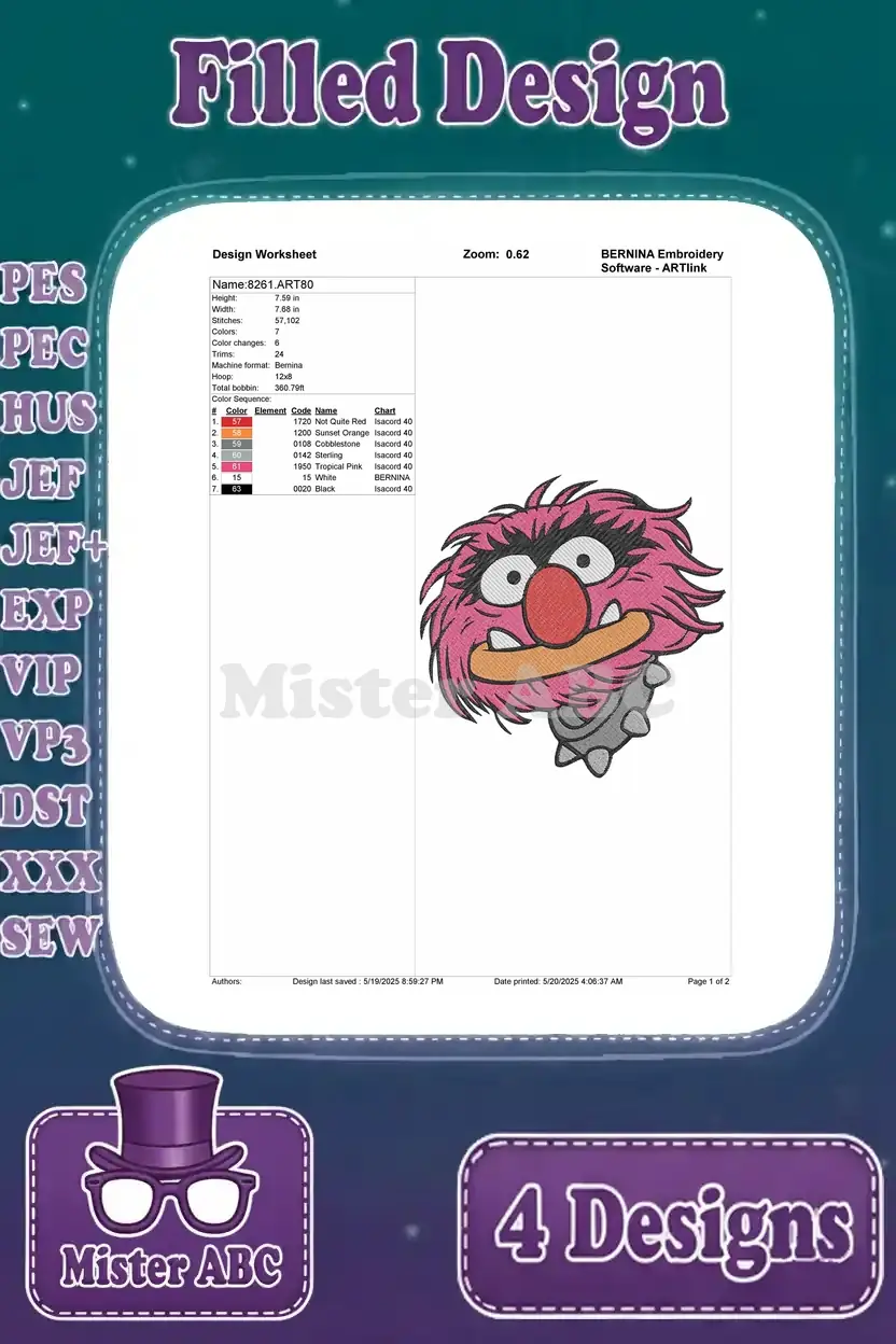 Detailed design worksheet for the snarling Animal from Muppets embroidery, including stitch and color data.