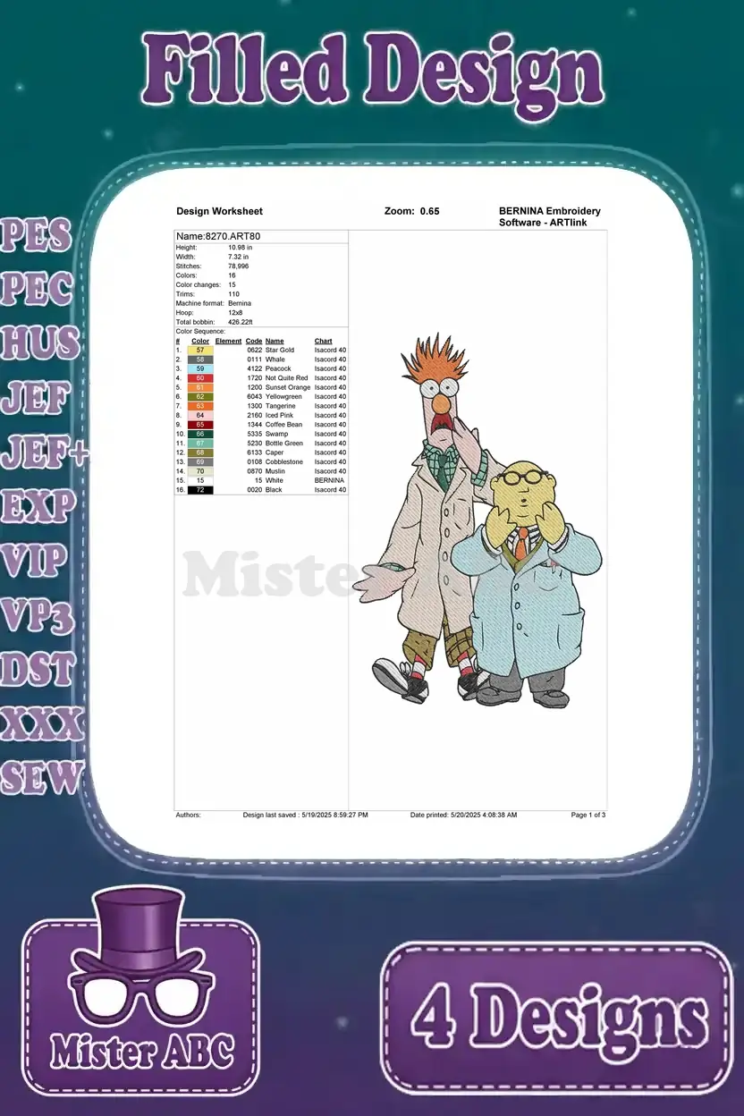 Design worksheet for a filled embroidery featuring Beaker and Dr. Bunsen Honeydew together. Includes detailed stitch data.