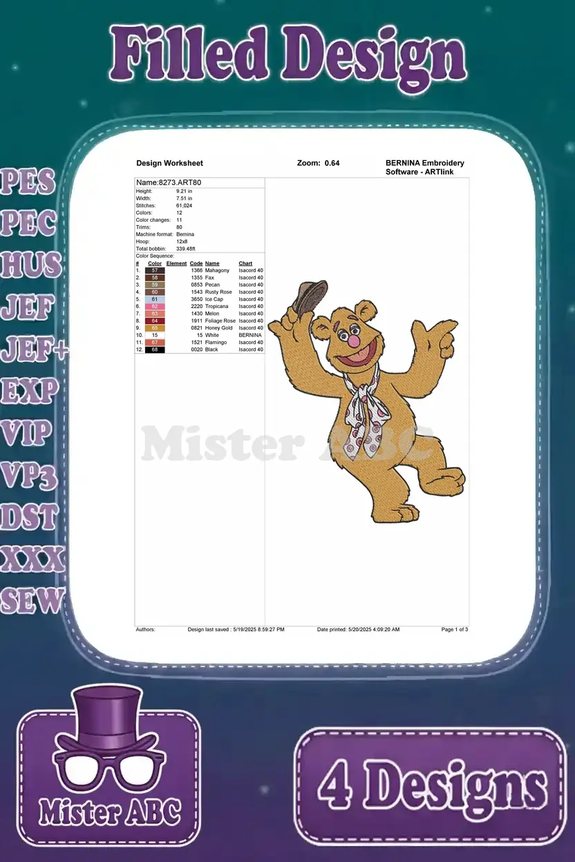 Design worksheet for the second Fozzie Bear embroidery design, displaying stitch and color information.
