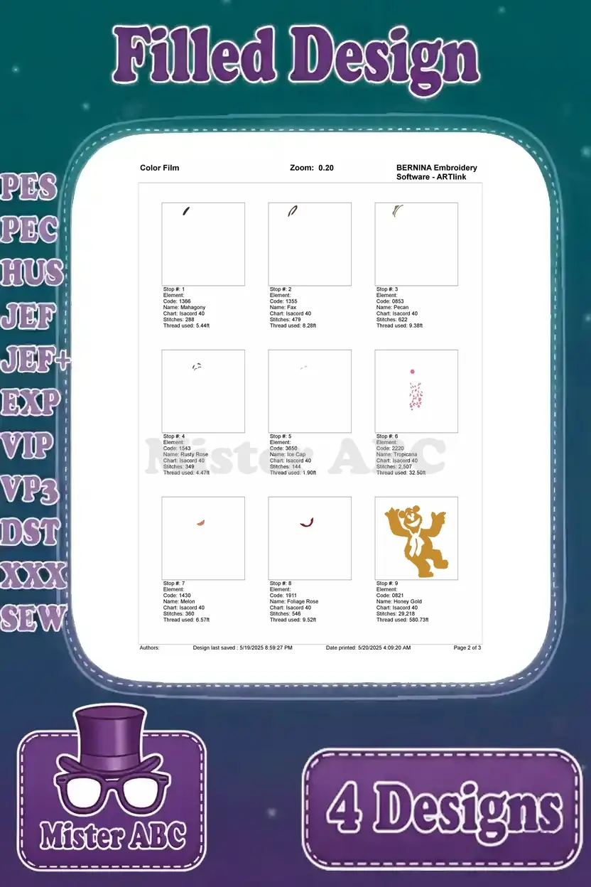 Color film page 2 for the Fozzie Bear waving design, showing the breakdown of colors and stitches.