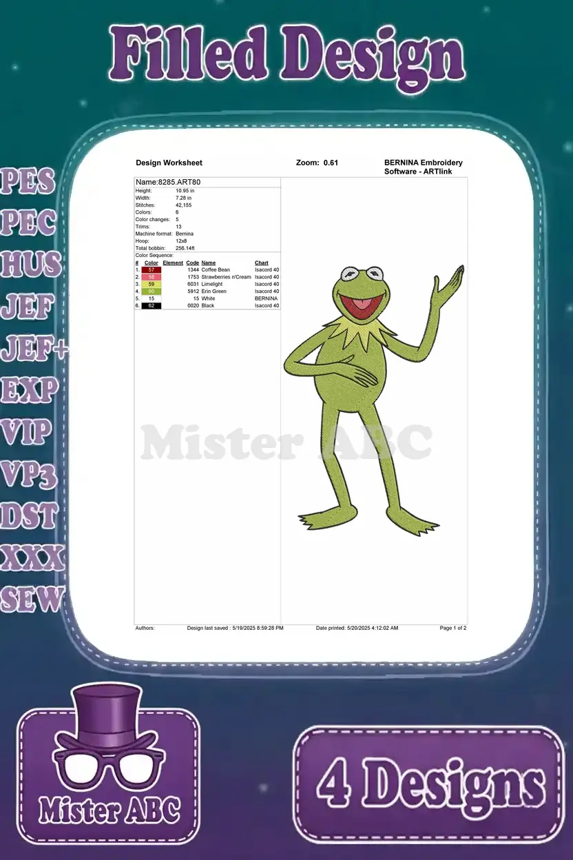 Design worksheet for Kermit the Frog waving, detailing stitch parameters, color scheme, and sizing for embroidery.