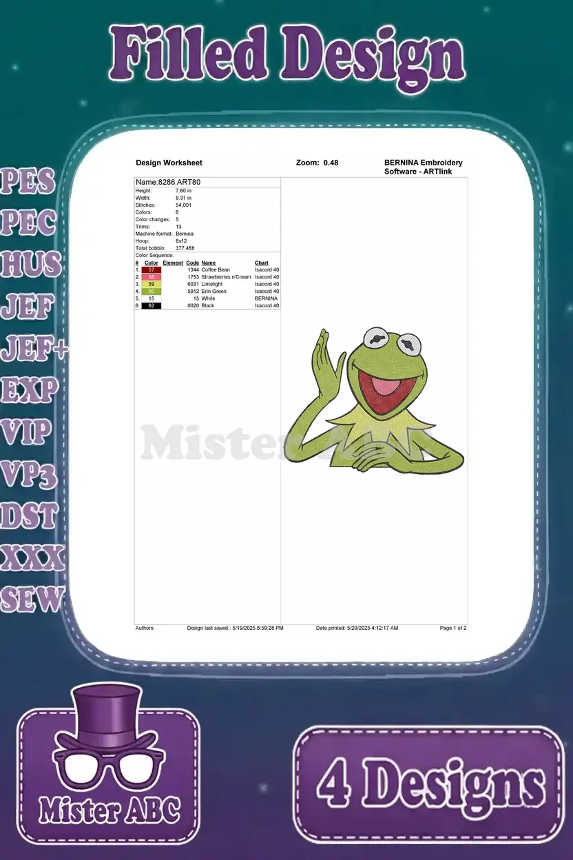 Worksheet for Kermit the Frog's smiling head design, outlining stitch count, color changes, and hoop size.
