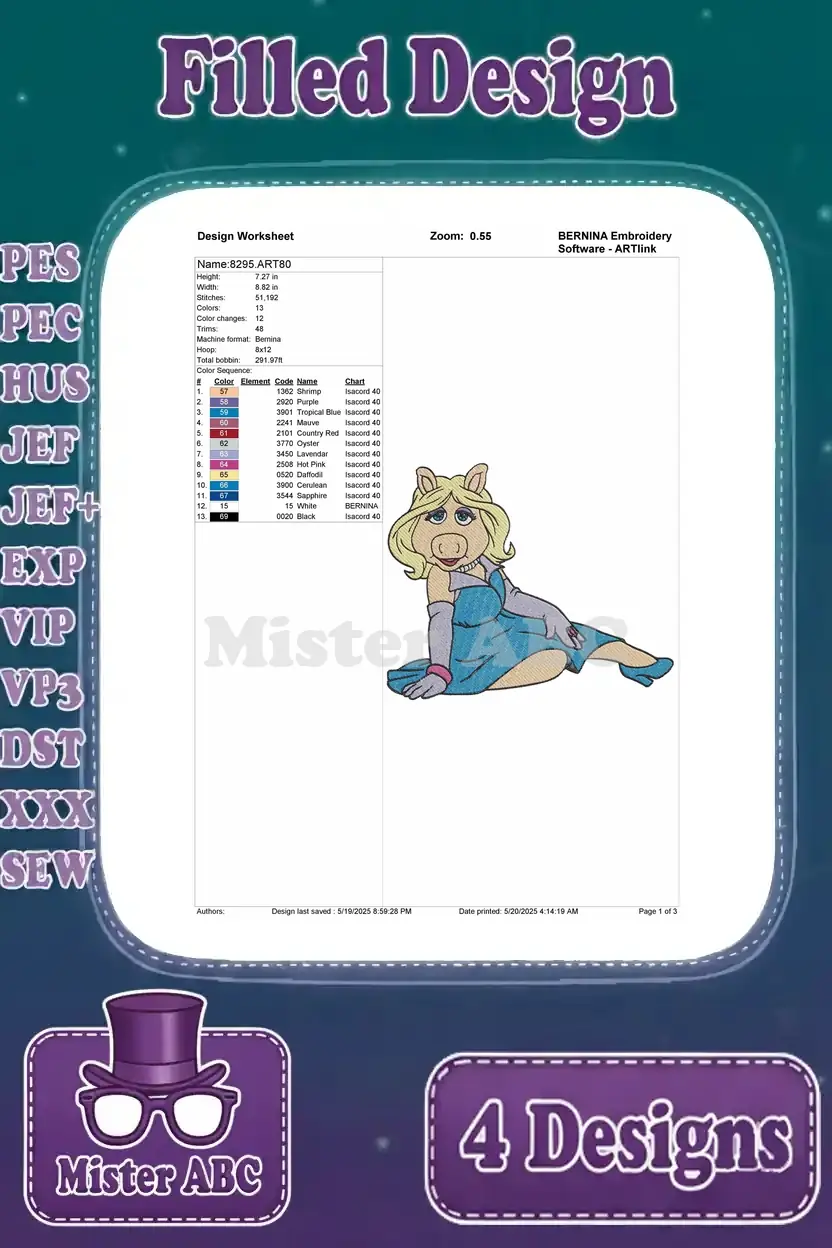 Design worksheet for Miss Piggy in a reclining blue dress pose, detailing stitch count, colors, and thread types.