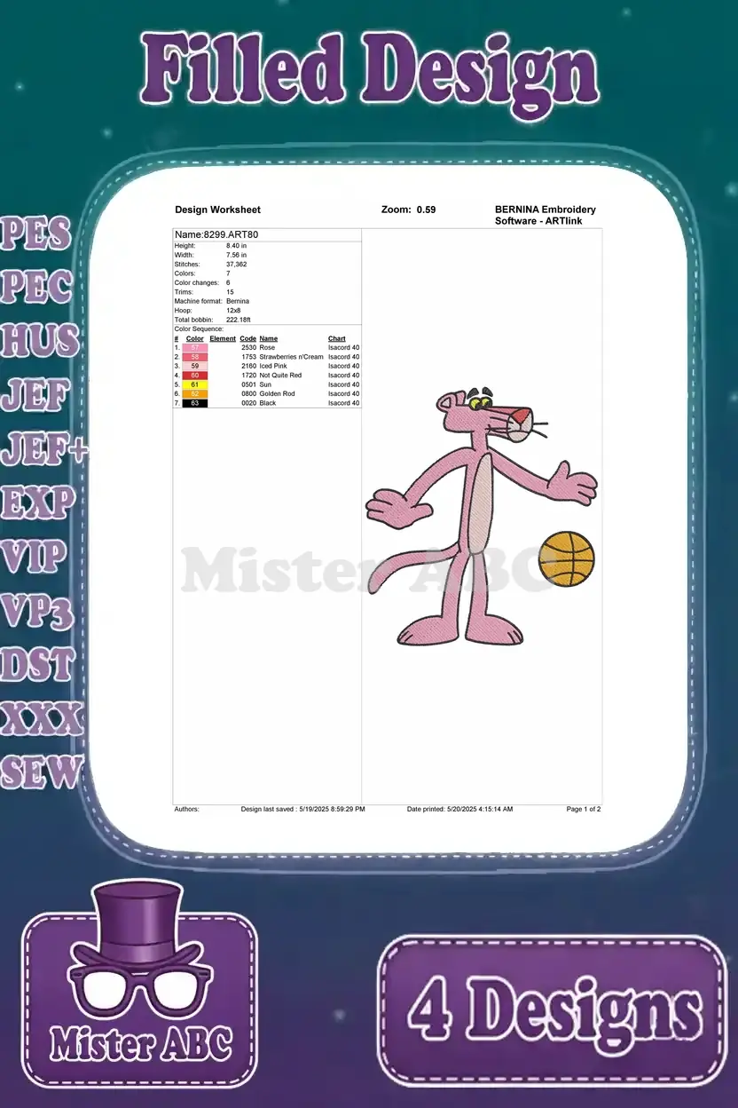 Detailed design worksheet for the Pink Panther with a basketball embroidery, showing stitch count and color stops.