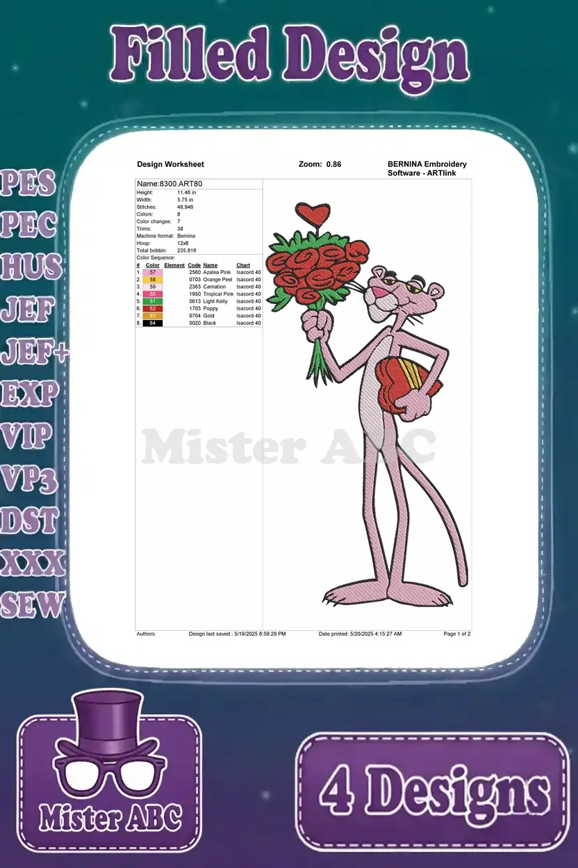 Detailed design worksheet for the Pink Panther holding a bouquet of flowers, including stitch count and color data.