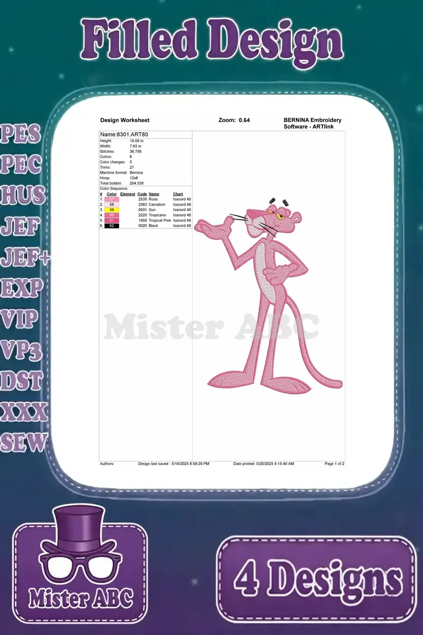 Design worksheet for the confident Pink Panther pose, outlining stitch details, color count, and thread types.