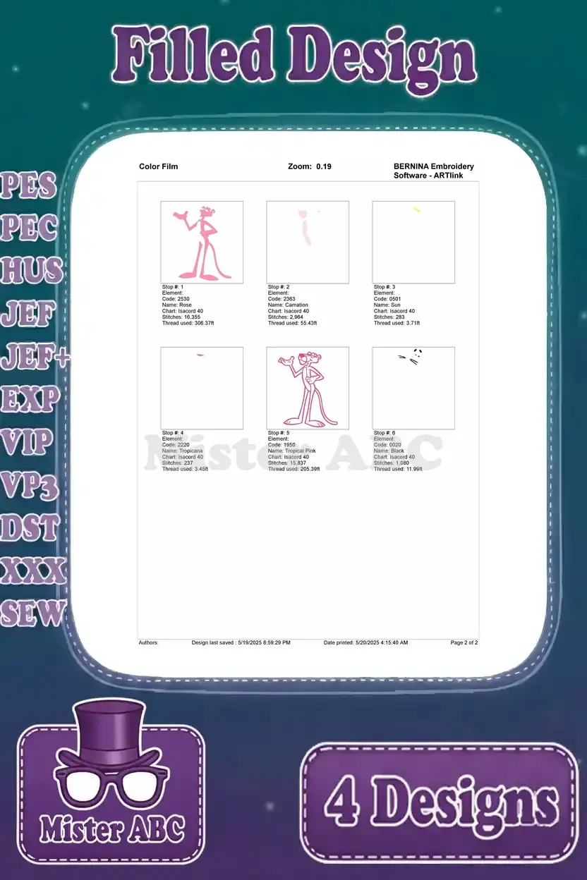 Color film sequence for the confident Pink Panther embroidery, showing the exact order of color stitching.