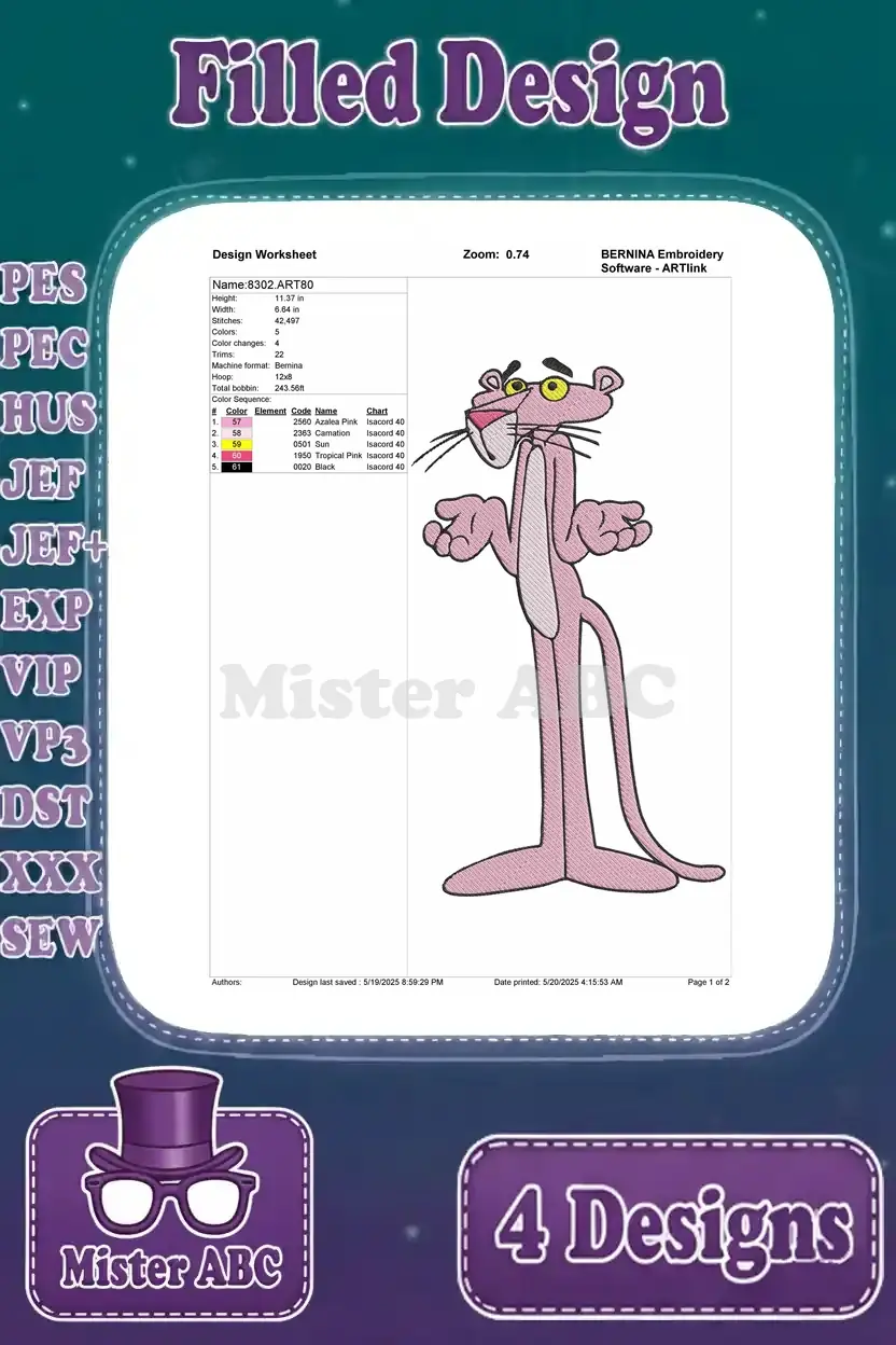 Design worksheet for the curious Pink Panther pose, detailing stitch count, color information, and thread brands.