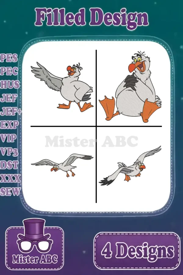 A vibrant main product image displaying four distinct filled embroidery designs of playful cartoon seagulls in various poses.