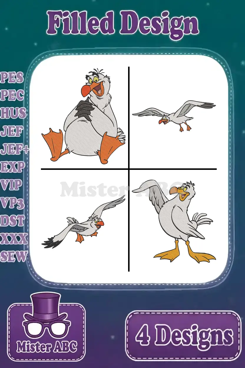 Main product image showing 4 distinct filled embroidery designs of Scuttle the seagull, with supported file types.