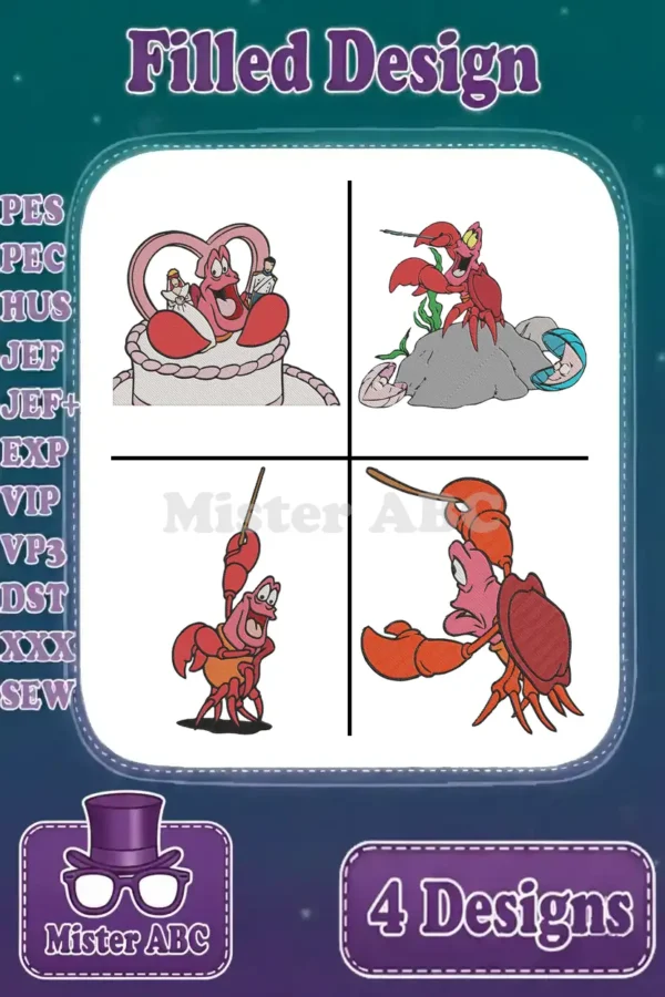 This image displays a bundle of four vibrant Sebastian filled embroidery designs, showcasing various playful poses and supported file formats.