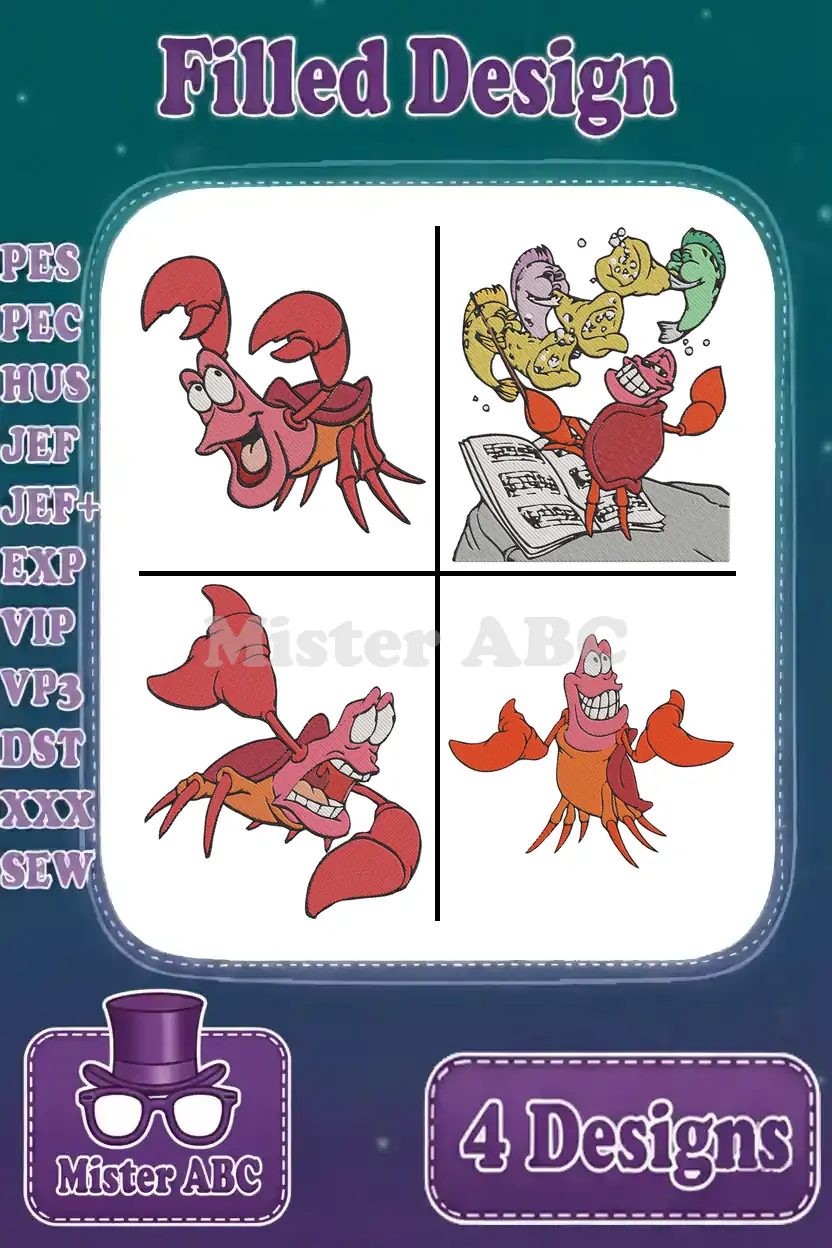 Four filled embroidery designs featuring Sebastian from The Little Mermaid, showcasing various poses and expressions.