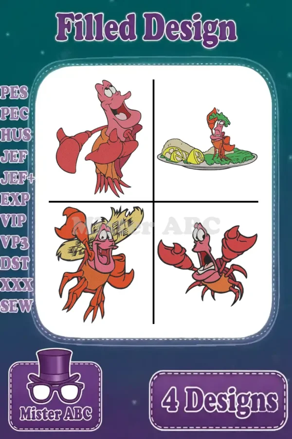 Four vibrant filled embroidery designs of Sebastian the crab from The Little Mermaid, showcasing various poses and expressions.