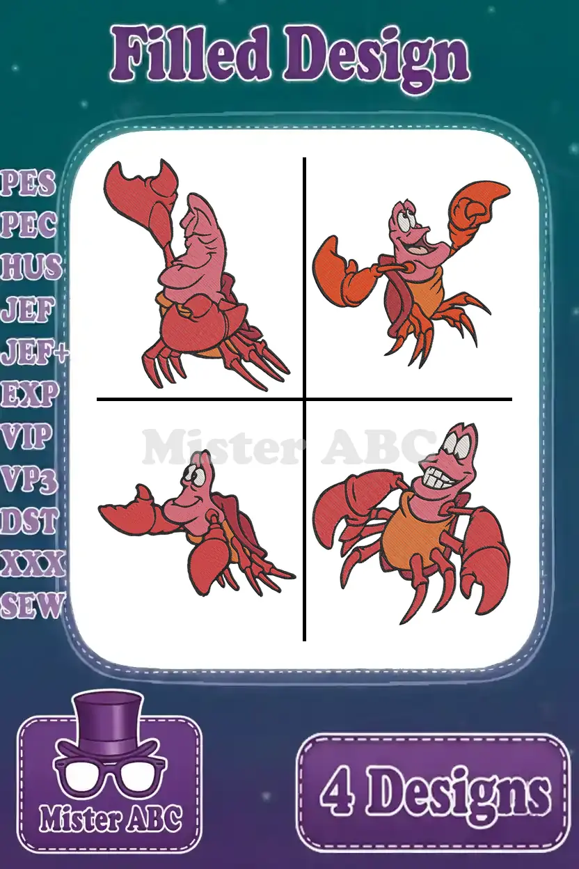 A vibrant collection of four Sebastian the Crab filled embroidery designs, showcasing various playful poses and expressions.