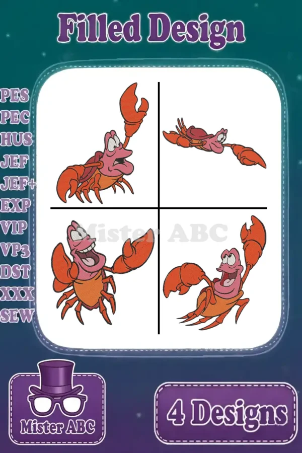 Four vibrant filled embroidery designs of Sebastian the crab, showcasing various playful poses for creative projects.