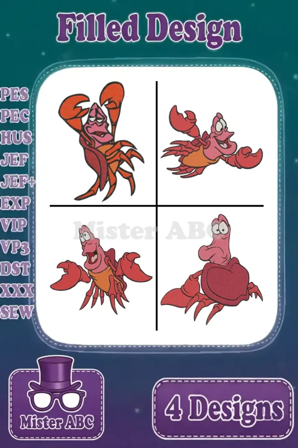 A colorful main product image displaying four distinct filled embroidery designs of Sebastian the crab in various poses.
